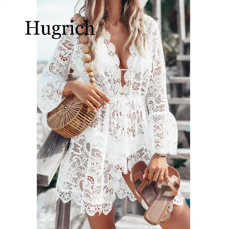 2020 Autumn Lace Crochet Women Bikini Cover Up Swimwear Floral White Black Bathing Suit Tunic Beach Dress