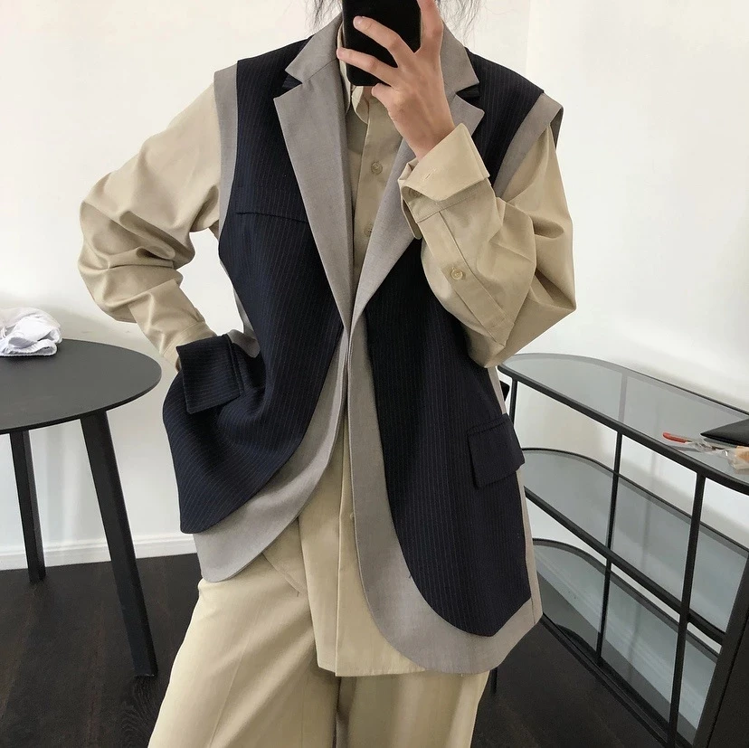 

New Women All-match Blazer Vest Fake Two Korean Stripe Stitching Design Fashion High Quality Ladies Coats
