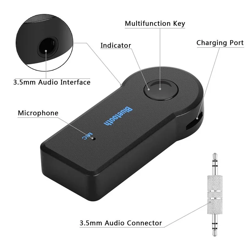 sunshot Bluetooth 5.0 Car Receiver, USB DAC Aux to Bluetooth Adapter with  Built-in Microphone for Hands-Free Calls and Auto On Function, Compatible