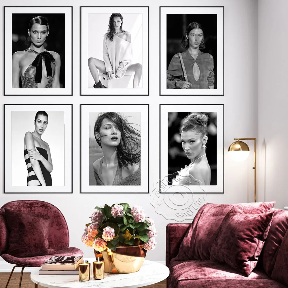 

Black and White Poster, Bella Hadid Art Prints, Modern Wall Decor, Star Canvas Wall Stickers, Sexy Model Wall Picture, Fans Gift
