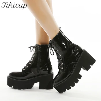 

Tikicup All Black Women Patent Chunky Heel Ankle Platform Boots Wild Alternative High Top Booties No-Slip Lace Up Goth Shoes