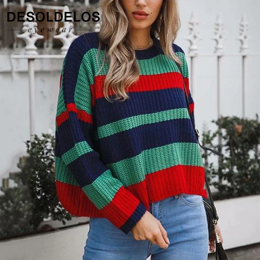 Модный Свободный Полосатый женский Радужный пуловер 2019 Вязаный Свитер оверсайз