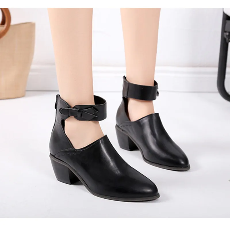 Houlife Fashion Women Boots PU Leather Ankle Boots Spring Autumn Hollow Out Pointed Toe Square Zipper Mid Heel Female Shoes