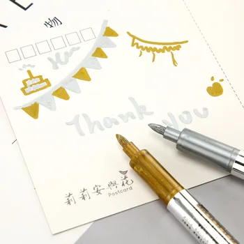 

2 Pcs DIY Metal Waterproof Permanent Paint Marker Pens Gold and Silver Student Supplies Craftwork Pen Art painting
