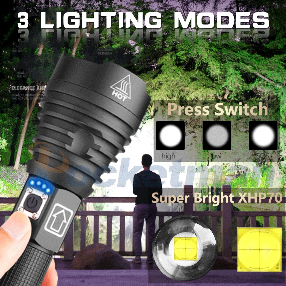 Супермощный светодиодный фонарик Xlamp XHP70.2 XHP90 USB XHP50 тактический фонарь с зумом