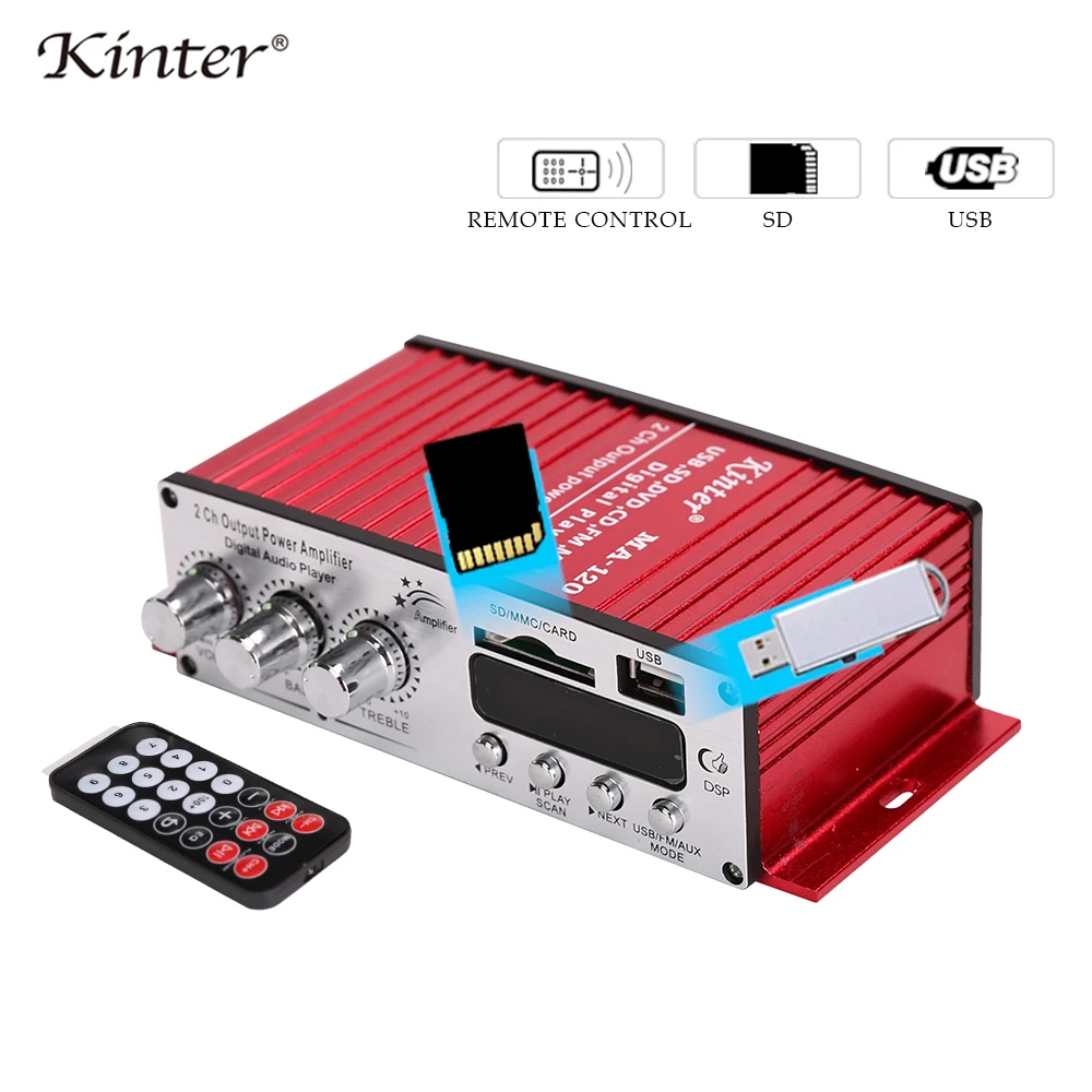 Kinter MA-120 мини усилитель аудио 2.0CH 20 Вт DC12V с USB SD FM воспроизведение стерео звук питания адаптер питания для дома автомобиля мотоцикла