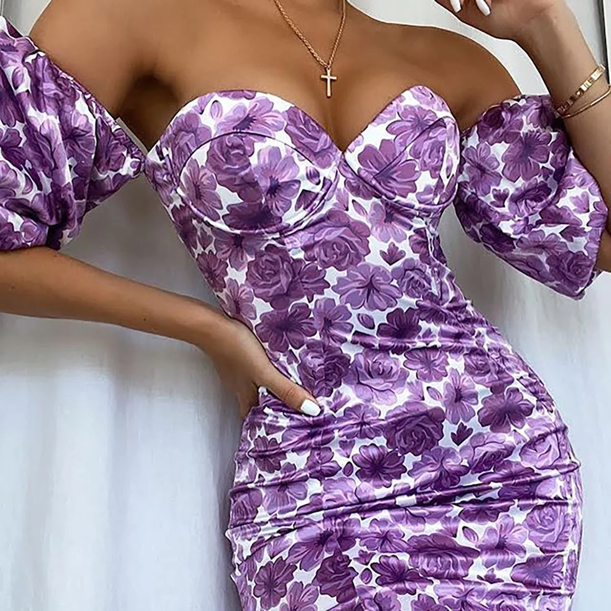 DEAT 2020 New Summer Fashion Casual Zipper Skinny Print Strapless Backless Puff Sleeve Short Dress Women SD613
