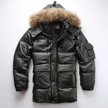 AVFLY, новинка, мужской черный длинный пуховик из коровьей кожи, мужской зимний толстый теплый русский кожаный пуховик