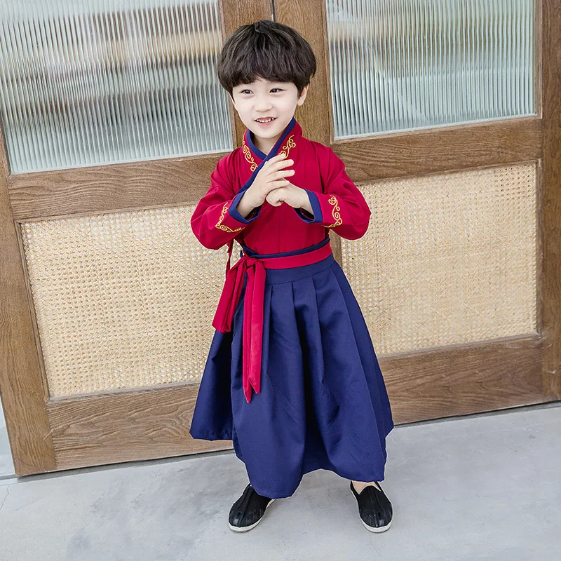 Boys red Новогодний традиционный костюм в стиле династии Тан для мальчиков, китайская одежда кунг-фу уфит, коллекция года, праздничные костюмы с длинными рукавами для сцены - Color: Boys red