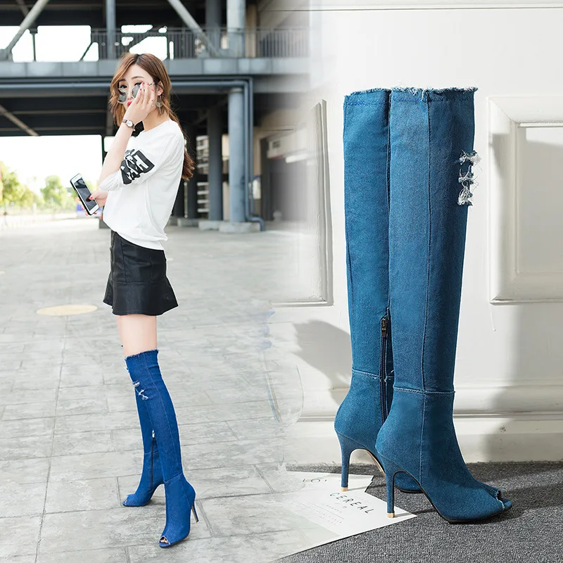 

2018 Denim Europe And America Thin Heeled Side-Style New Style Zipper Thin Heeled Large Size Martin Boots Women's Cotton