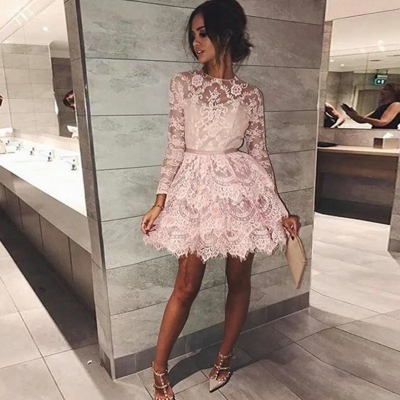 

Sexy Elegant Women Long Sleeves Prom Evening Dresses 2019 Pink Lace Formal Party Gala Dress Short Cocktail Dresses