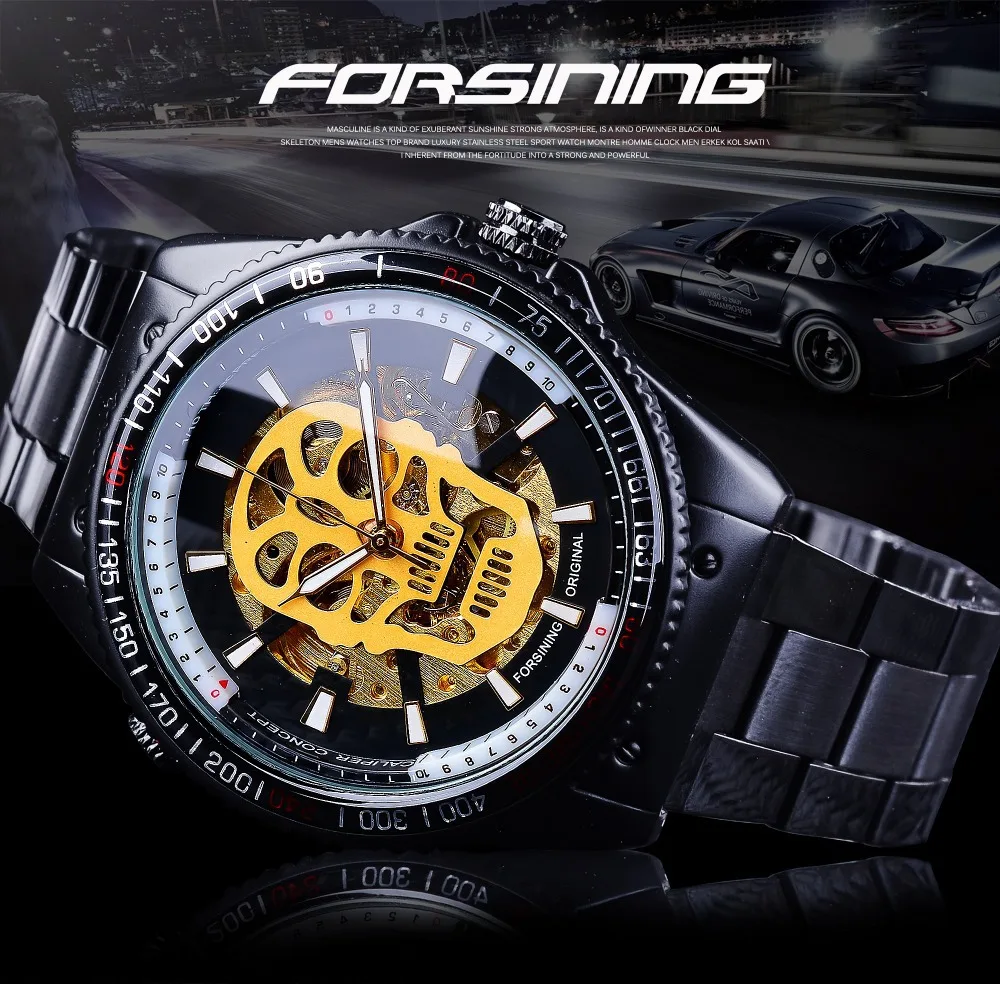 

Forsining Style Fashion Hollow out Night Light Waterproof Skull Automatic Analog Watch