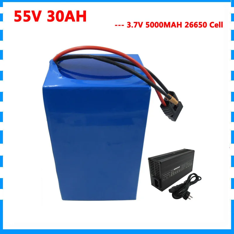 

2000W 55V 30AH Lithium battery 55V 15S ebike battery pack 5000mah 26650 cell 50A BMS with 5A Charger