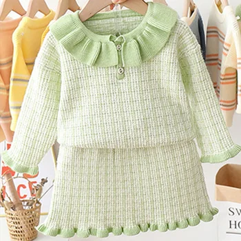 

Girl Set Autumn Winter 2020 Plaid Doll Collar Long Sleeve Sweater + Skirt 2Pcs Toddler Cute Children Clothes For1-5Y