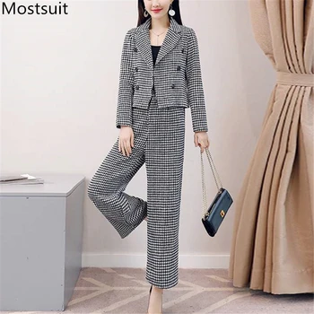 

2019 Autumn Winter Plaid Two Piece Sets Outfits Women Short Suit And Wide Leg Pants Elegant Office Korean Fashion Sets Black