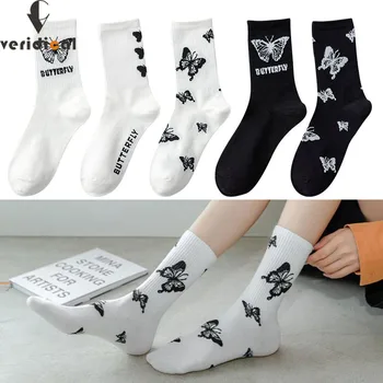 

5 Pairs High Quality Butterfly Socks Women Cotton Streetwear White Harajuku Fashion Skateboard Socks EU Size 35-42 Hot Sell