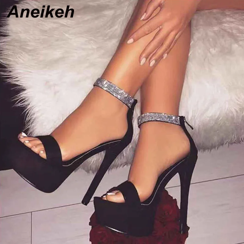 

Aneikeh Summer Rhinestone Buckle Platform Sandals Women Roman Thin High Heels Pumps Cover heel Nightclub Party Shoes Size 35-42
