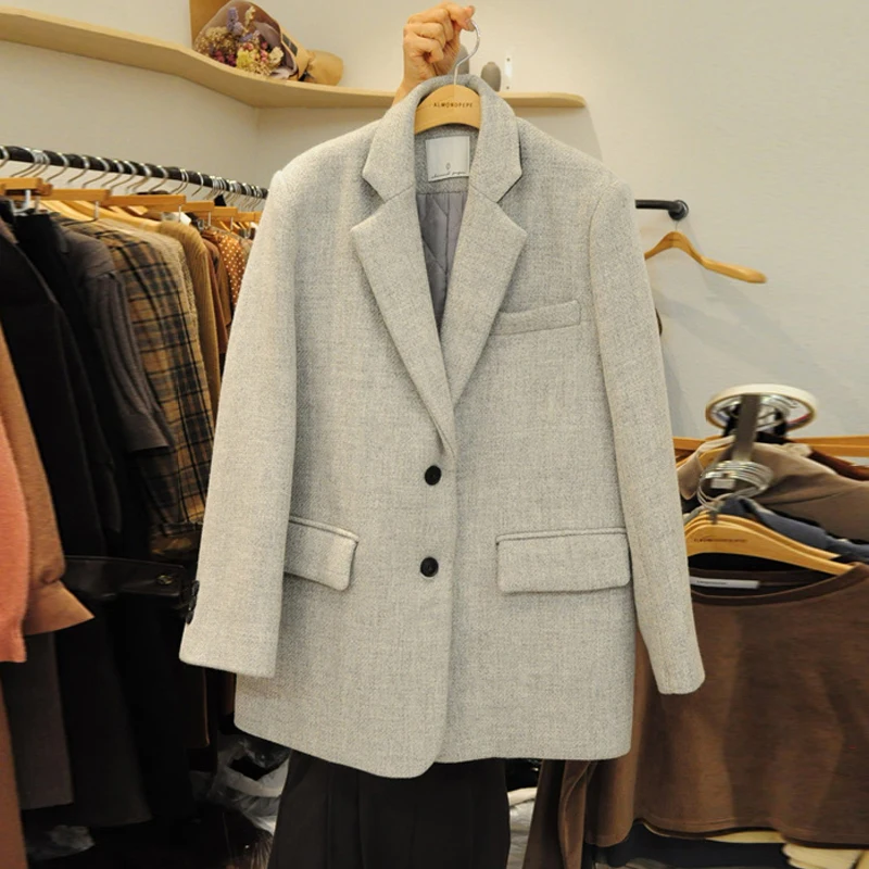 

2021 New Winter Thick Women's Coat Elegant Single Breasted Loose Female Suit Blazer High Quality Fashion Ladies Woolen Jacket