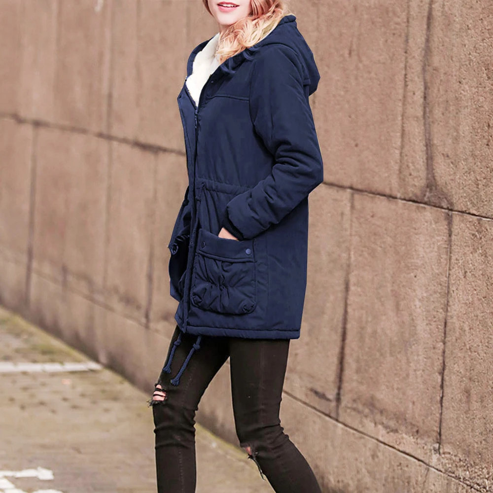 CALOFE Женская парка с капюшоном Толстая флисовая зимняя куртка Женская мода Тонкий карманы молния повседневное зимнее пальто; женская верхняя одежда куртка