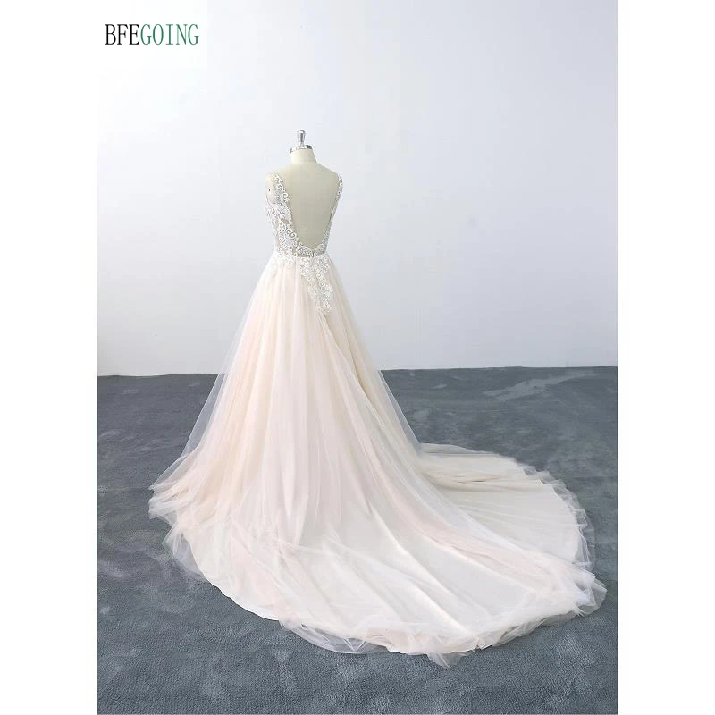 Ivory Lace Appliques Champagne Satin V-Neck Sleeveless Floor-Length A-line Wedding dress Chapel Train Custom made
