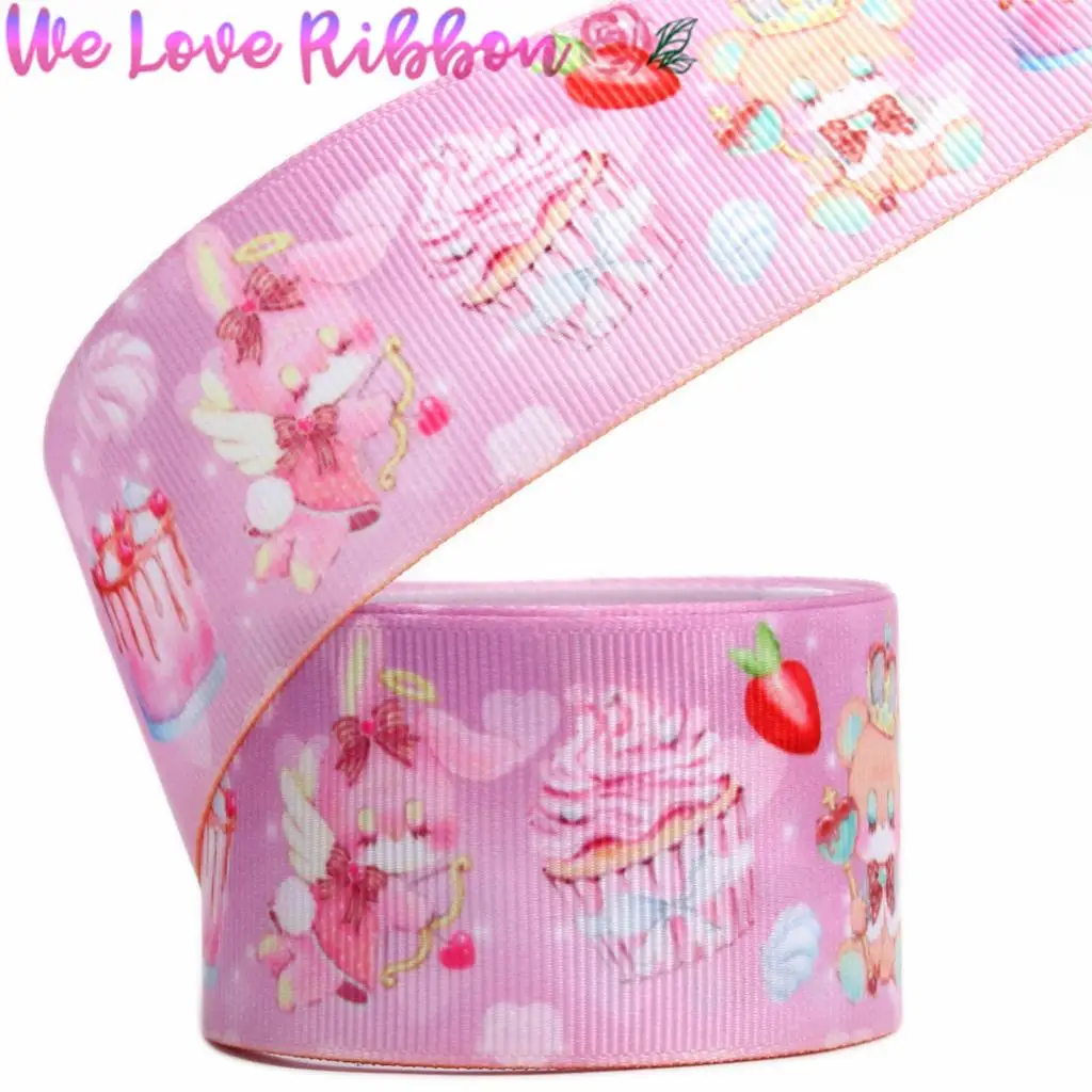 16mm-75mm Cartoon Rabbit Bear Cupcake Strawberry Printed Grosgrain/Foe Ribbon Stripes Star DIY Hair Bowknots Gift 50yards/roll