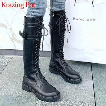 

krazing pot classic streetwear cow leather knight boots round toe med heels solid lace up winter keep warm thigh high boots L68