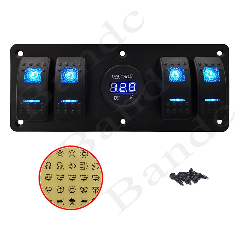 

Muti-function Rocker Switch Panel with BLUE Digital Voltmeter 4 Illuminated Toggle Switch for Car Boat Bus Truck, 100 Car Label