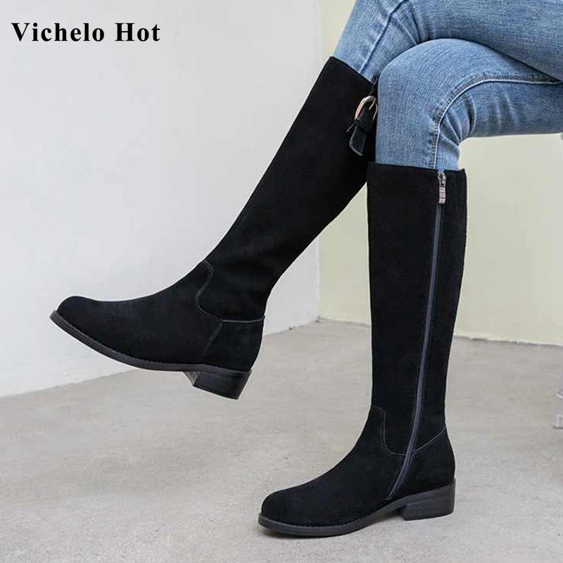 

Vichelo Hot fashion soft breathable cow suede round toe med heels zip belt buckle winter women warm solid thigh high boots L98