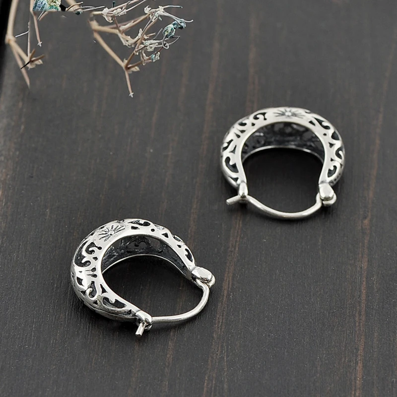 Pure 925 Sterling Silver Moon Shape Hoop Earrings Vintage Hollow Floral Earring Fashion Women Daughter Wife Mother Jewelry
