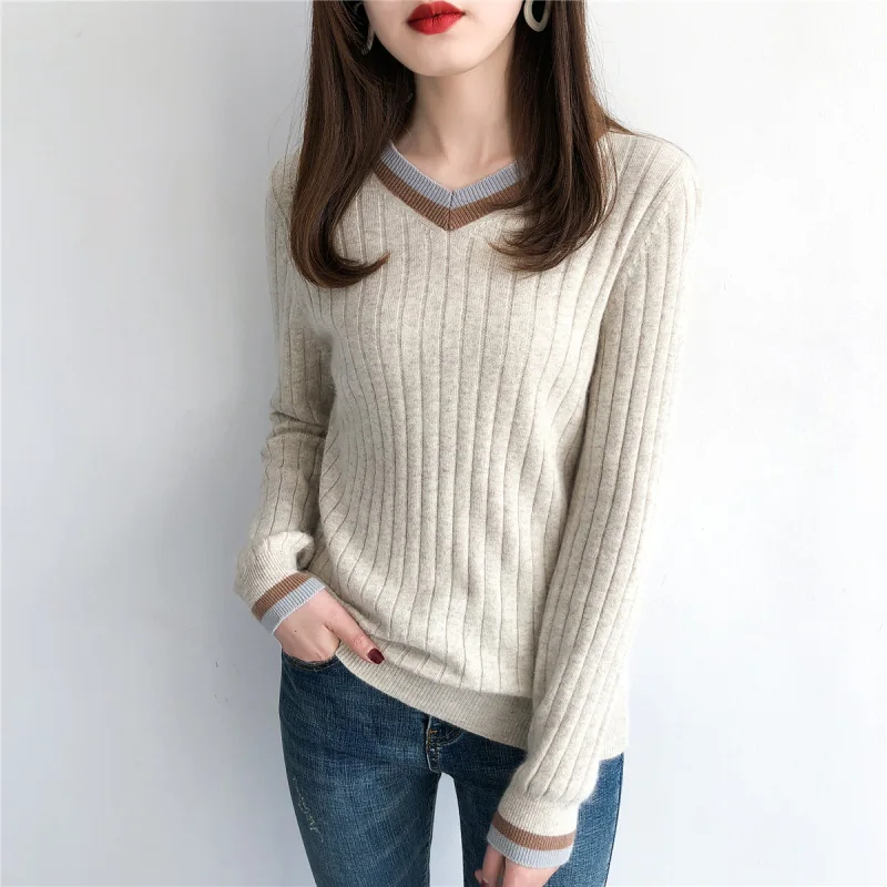 

Autumn New Sweater 201V Collar Sweater Women Pull Out Cashmere Sweater Women Loose and Lazy Knitted Bottom Sweater Women