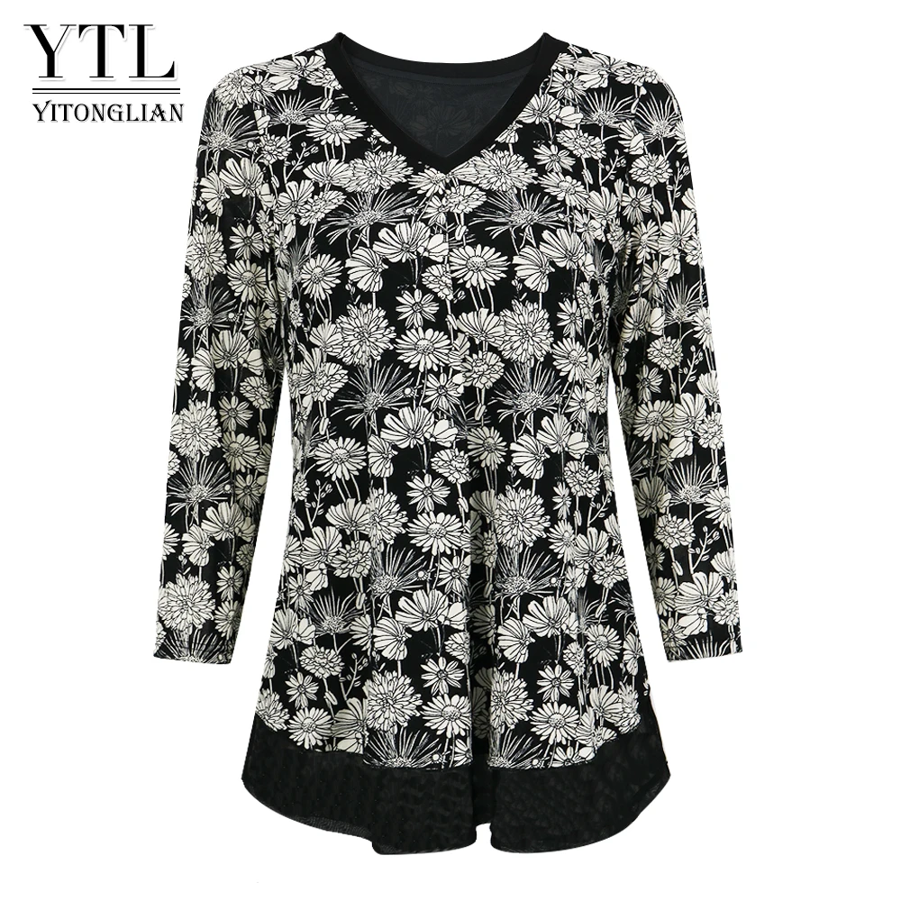 Yitonglian-Blusa holgada informal de talla grande para primavera y verano, camisa con estampado Floral y cuello de pico para mujer, talla 6XL, 7XL, 8XL, H430, 2021