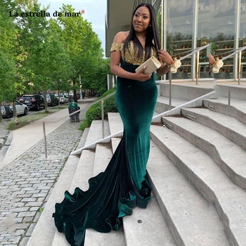 

vestido de festa Off Shoulder Hunter Green Gold Appliques Mermaid Evening Dressses Girls Velvet Sweep Train Africa Prom Gowns