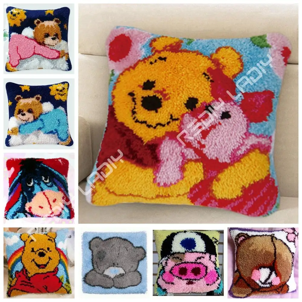 

Latch Hook Kits Cartoon Bear Cushion Cover Pre-Printed Canvas Yarn Crocheting Crafts Pillow Case Sofa Bed Pillows Home Decor