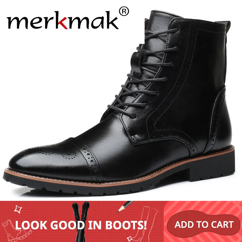

Merkmak New Snow Men Leather Boots Winter Men's Business Casual Boot Outdoor Lace Up Shoe For Male Black Man Footwear Flat