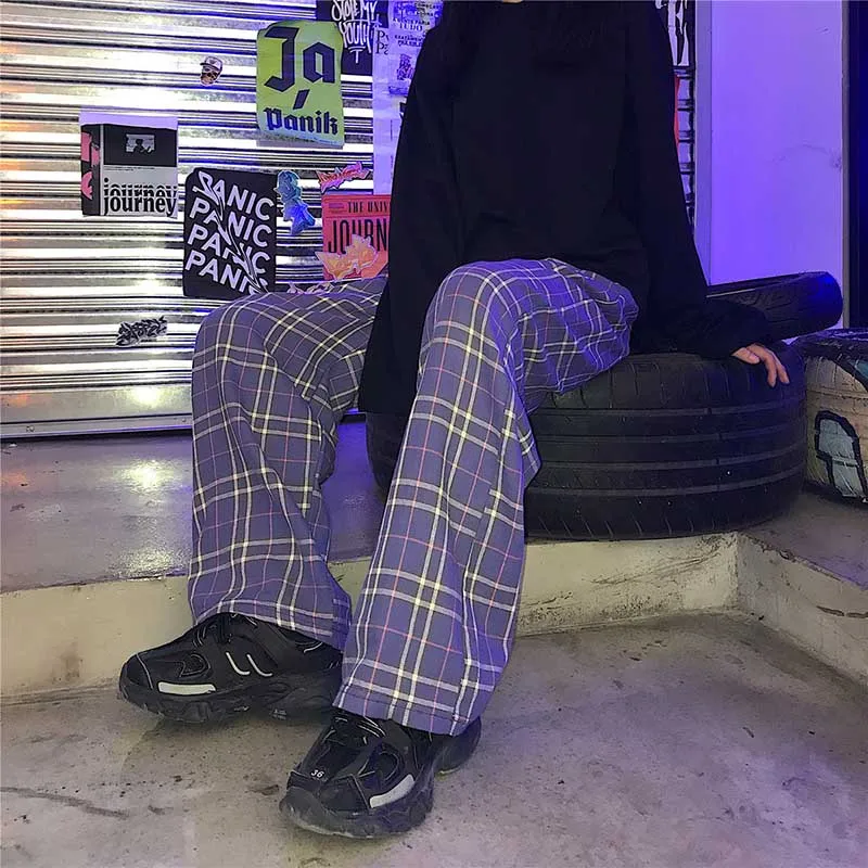 NiceMix harajuku клетчатые эластичные брюки с высокой талией осень wo мужские уличные хип хоп прямые брюки повседневные брюки