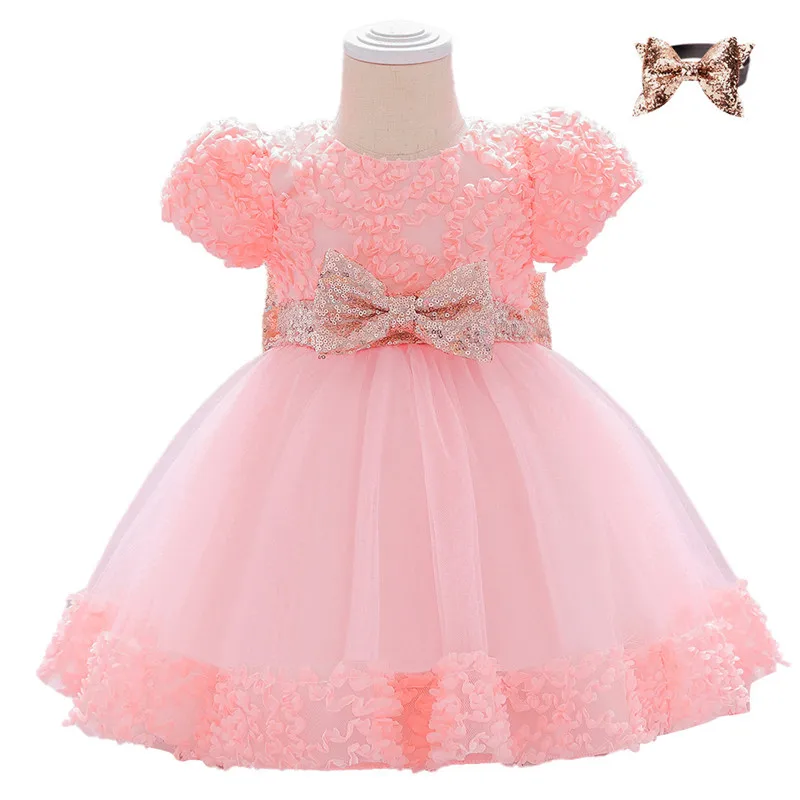 

Baby girl Dress send Bow Headband Hundred Day Elegant Embroidered princess Dress Children's Clothing Birthday Party Newborn Tutu