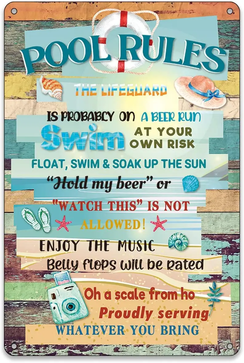 BellowDeer Rustic Pool Rules Colorful Wood Metal Tin Signs Home Outdoor Funny Sayings Yard Indoor | Дом и сад