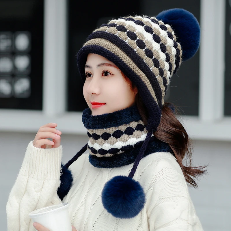 Женские утепленные лыжные белая шапка, новая мода, Меховые помпоны, зимние женские шапки-бини, женские шапки, теплый шарф+ вязаная шапка, комплект