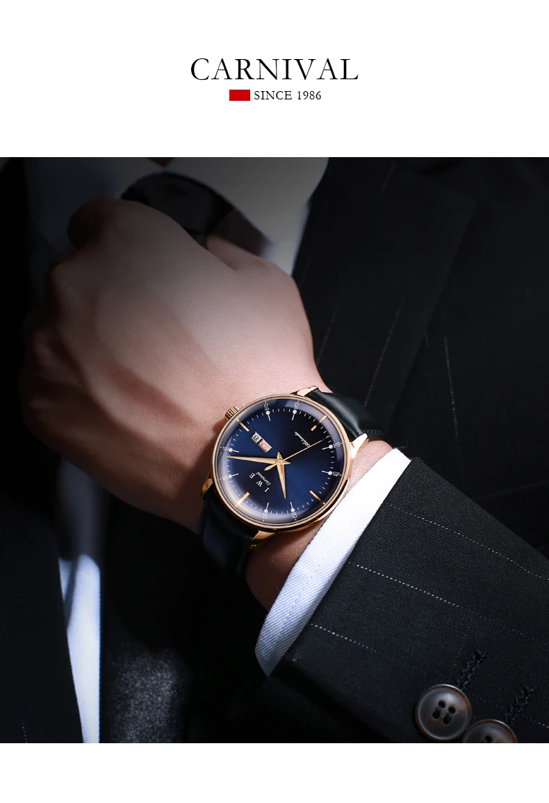 CARNIVAL Luxury Watch Men MIYOTA Mechanical Movement Waterproof Sports Top Brand Leather Luminous Wristwatch Reloj Hombre 8898