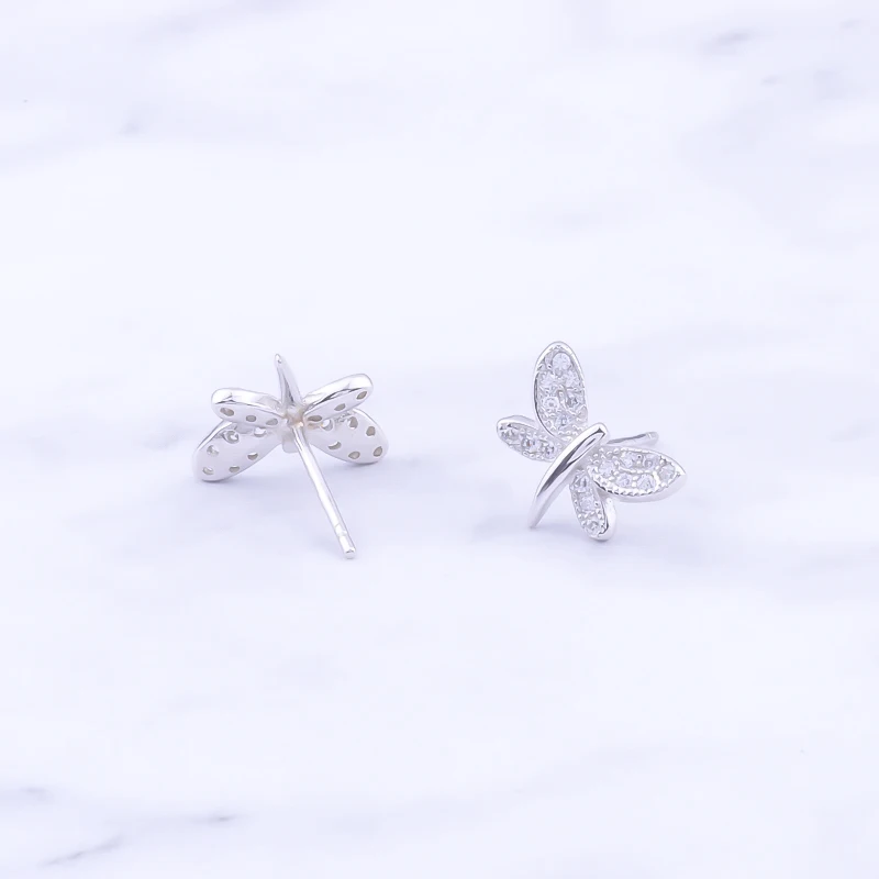 Pekurr 925 Sterling Silver CZ Zircon Butterfly Dragonfly Women Stud Earrings Fashion Jewelry For Girl Insect Style Ear Gifts