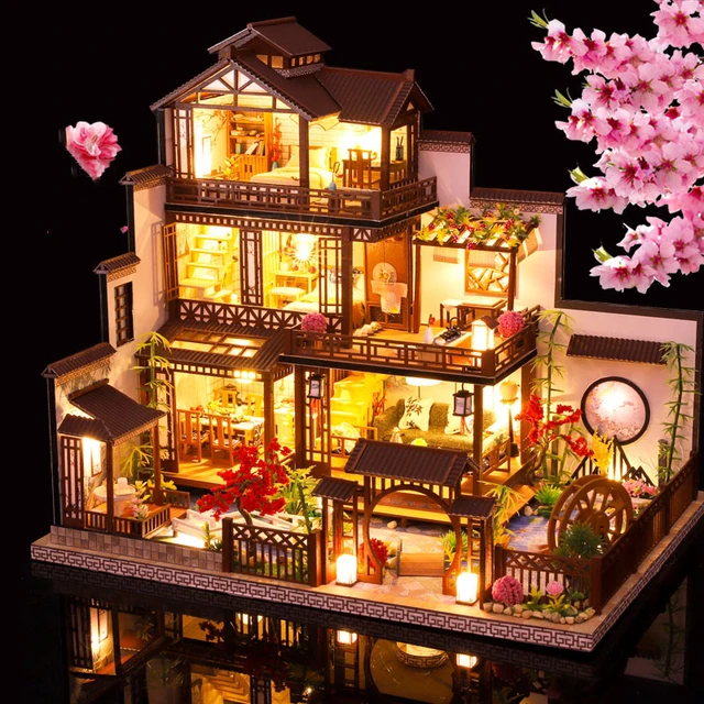 HUIOP Casa de boneca em miniatura DIY casa de boneca de madeira com mobília  e LED rosa claro Loft House Brinquedo infantil presentes criativos para