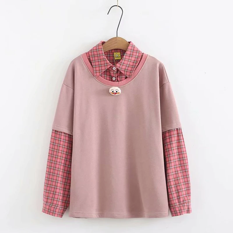 

Original Autumn New Stitching Sleeves Shirt Fashion Women's Fake Two-piece Lattice Lapel Suitable For Teenage Girl Sweater