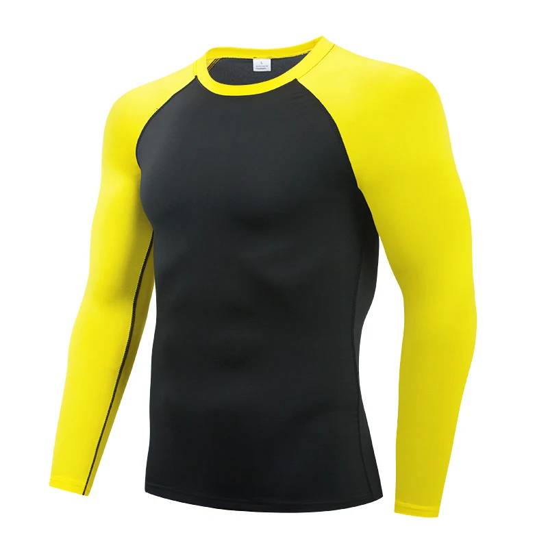 Yellow  Running t shirt Men's Rashgard Long Sleeve Gym Shirt Sportswear Compression Dry Fit shirts Men Fitness Sport T-Shirts