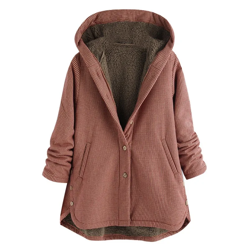 Женская куртка женская Chaqueta Mujer Manteau плюшевая одежда зимняя теплая клетчатая с принтом размера плюс с капюшоном и карманом выше размера Верхняя одежда