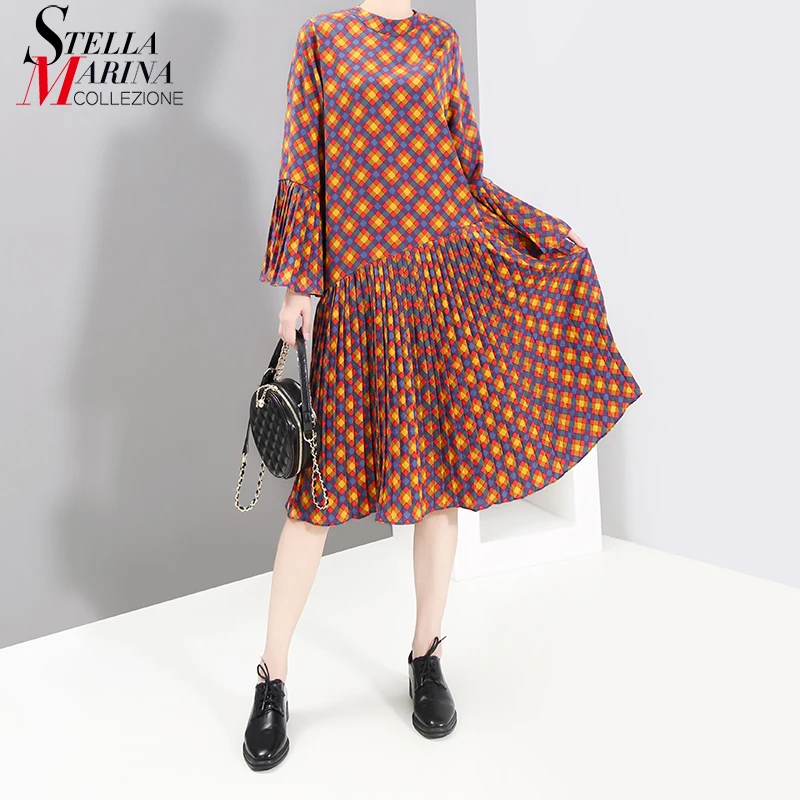 

* New Women Long Sleeve Autumn A-Line Printed Dress Long Flare Sleeve Geometrical Patterns Lady Stylish Party Elegant Dress 5488