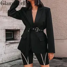 Glamaker черный отложной воротник блейзер для женщин длинный рукав карман ремень Элегантный костюм куртка женская осень зима сексуальный износоустойчивый фланелевый блейзер
