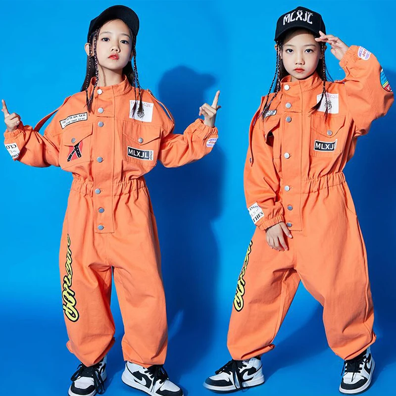 Kids Cool Short Sleeve Hip Hop Clothing orange Jumpsuit Overalls for Girls Boys Jazz Dance Costume Ballroom Dancing Clothes