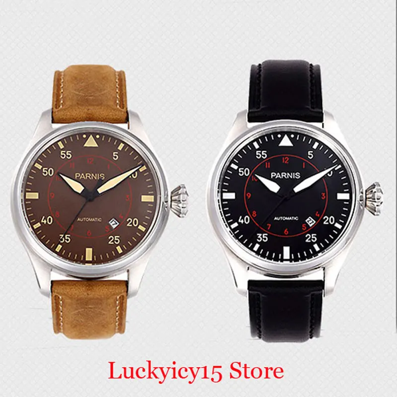 

2 Models Fashion 47mm Automatic Men Watch Date Window Big Crown Leather Strap