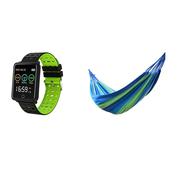 

Outdoor Hammock Camping Swing Canvas Striped Hammock Outdoor Parachute 280X80cm & F3 Smart Bracelet 1.44Inch Color Screen Heart