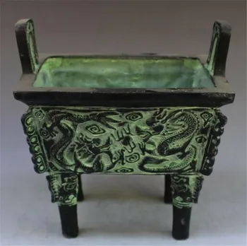 

Copper statue Collection Handwork Old Bronze Square Tripot Carving Dragon Exorcism Auspicious Sacrificial Stove Exquisite Censer